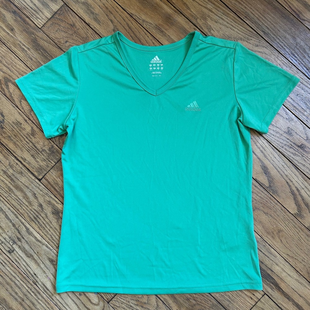 Adidas Womens V-Neck Performance T-Shirt Green Short Sleeve Athletic Top Size S